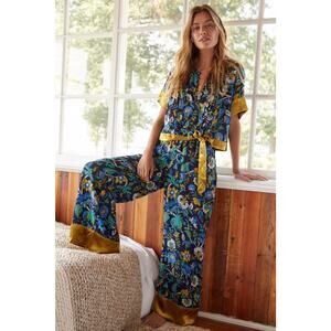 Anthropologie blue floral yellow velvet pajama bottoms